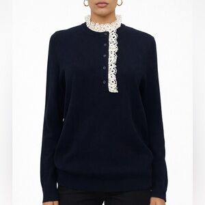 Sandro Paris Colane Crochet-Trim Navy Wool Silk Ruffle Lace Collar Sweater
